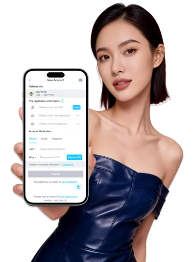 Person holding a phone with a registration screen illustration
