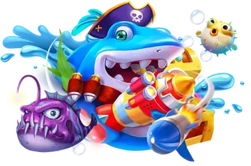Illustration of a cartoon shark with a water cannon, fish and bubbles