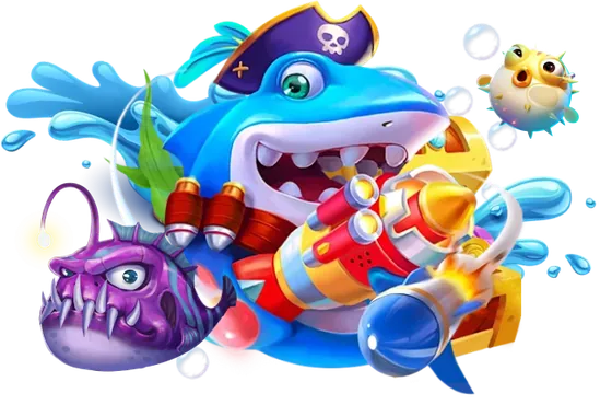 Arcade fishing illustration with a cartoon shark